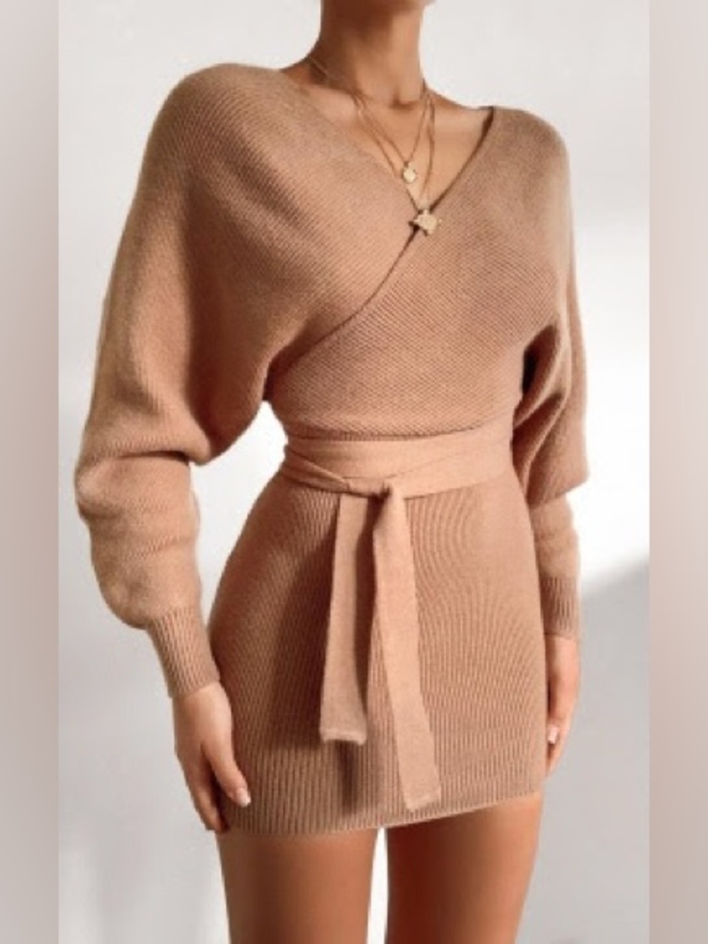 Showpo Brown Knit Wrap Sweater Dress